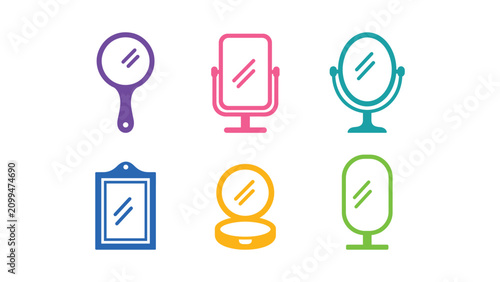 Minimal Mirror Icon Set Collection – Flat Vector Vanity, Handheld, Wall and Makeup Mirror Icons in Bold Solid Colors
