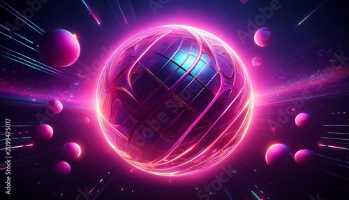 abstract glowing pink neon sphere floating in darkness with abstract futuristic background artistic