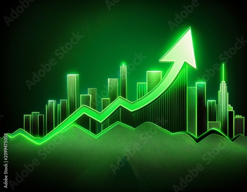 green neon city skyline with upward arrow symbolizing growth and