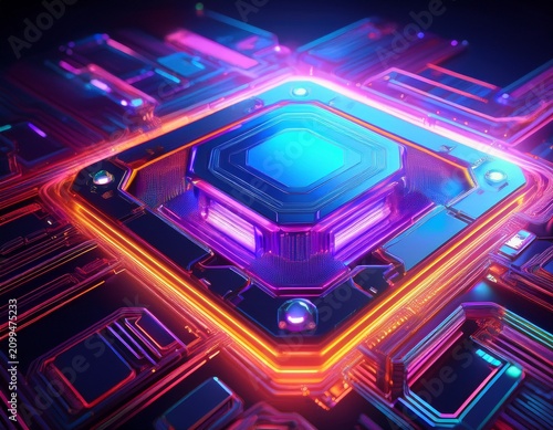 futuristic crystal processor glows on circuit board with vibrant neon lights