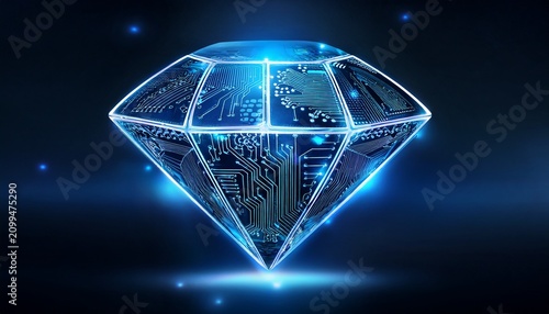 a futuristic diamond with circuitry inside glowing blue against a dark background