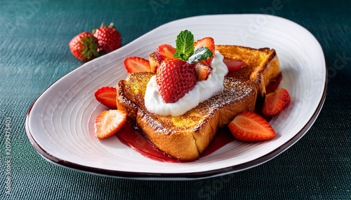 gourmet french toast with whipped cream strawberry sauce and fresh fruit sides breakfast strawberries culinary