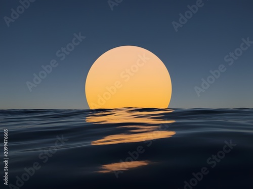 Golden sun setting over dark ocean horizon, beautiful sunset seascape at twilight.
