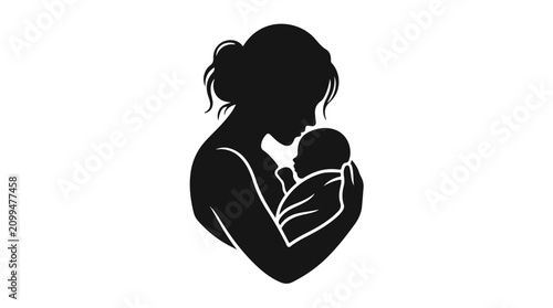 Mother holding baby silhouette, mom embracing newborn, loving parenthood moment, family bond, black and white illustration