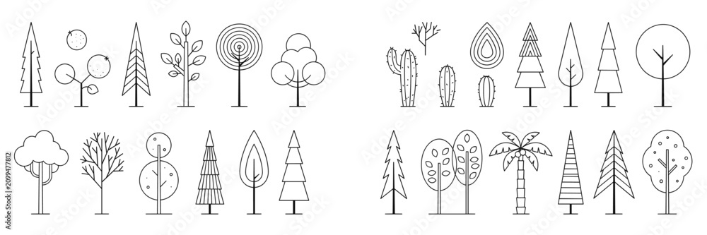Fototapeta premium Collection of black and white line tree featuring various species including pine, deciduous, palm, and cactus silhouettes on a white background