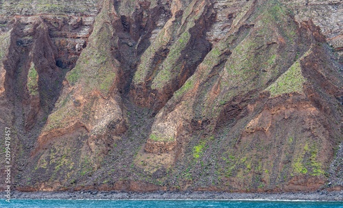 Lanzarote island in green in an unususaly rainy winter  province of Las Palmas Canary islands Spain Cliffs of northern Lanzarote from a boat sailing towards La Graciosa in the Chinijo Archipelago.