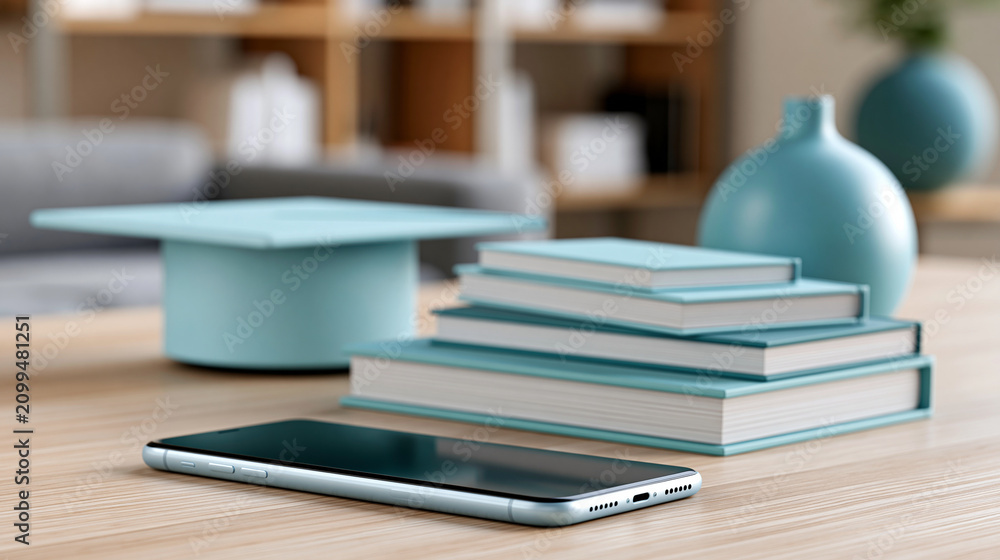 Naklejka premium Digital online education and e-learning concept on smartphone with books and graduation cap in 3D render, digital learning concept, education technology photography, blurred