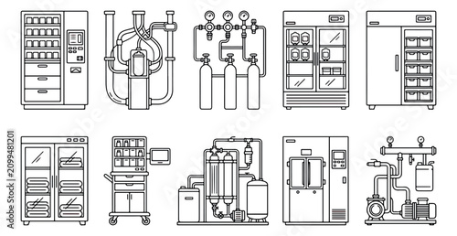 Photos Industrial laboratory equipment icons set, 10 technical line art vectors of medi