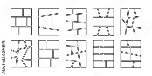 Set of ten black and white geometric collage templates with varied rectangular and trapezoidal grid layouts, isolated on a white background
