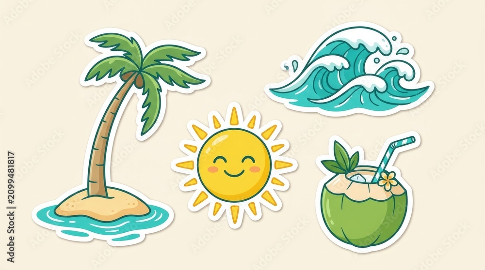 Fototapeta premium Summer Beach Tropical Travel Sticker Set with Palm Tree Sun and Wave