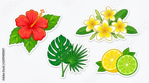 Tropical sticker set with hibiscus plumeria exotic leaves and citrus