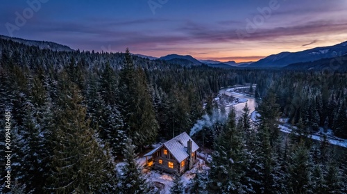 cozy wooden log cabin with glowing windows and chimney smoke in snowy winter pine forest at twilight. scenic mountain river landscape. holiday retreat. banner, website header, copyspace.