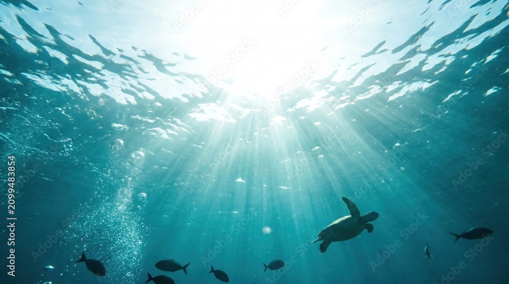 Obraz premium underwater view of sea turtle and fish in clear blue ocean water. bright sun rays shining through surface. marine life nature concept. banner, website header, copy space.