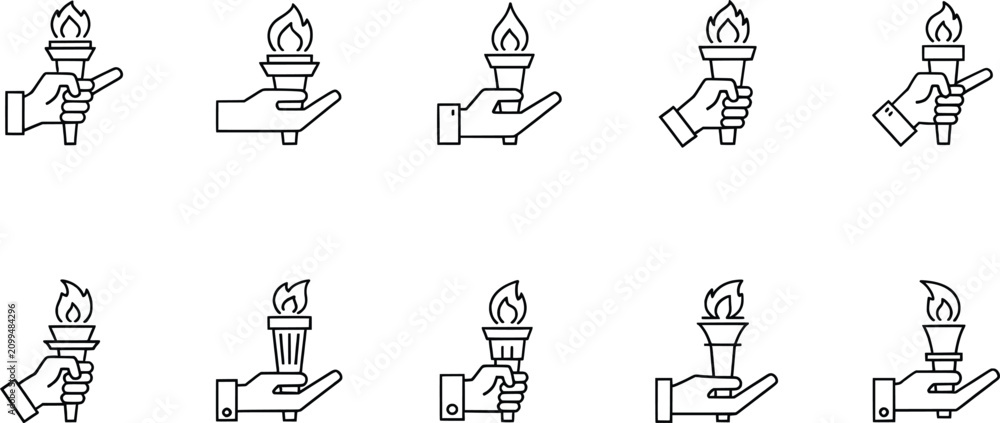 Fototapeta premium Torch holding icons collection, flame line art, freedom and enlightenment graphics, guidance illustration set, minimalist symbolic design elements