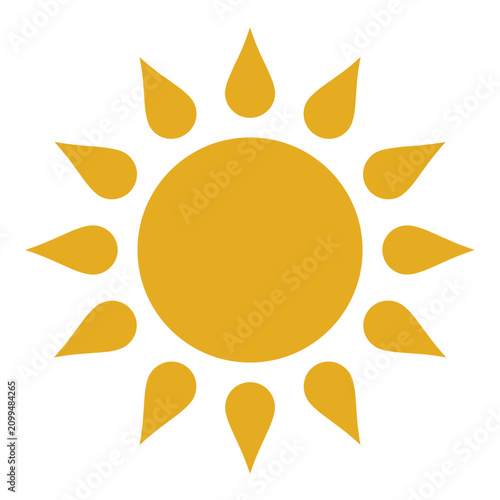 Yellow sun icon with rays shaped like water drops representing weather and climate