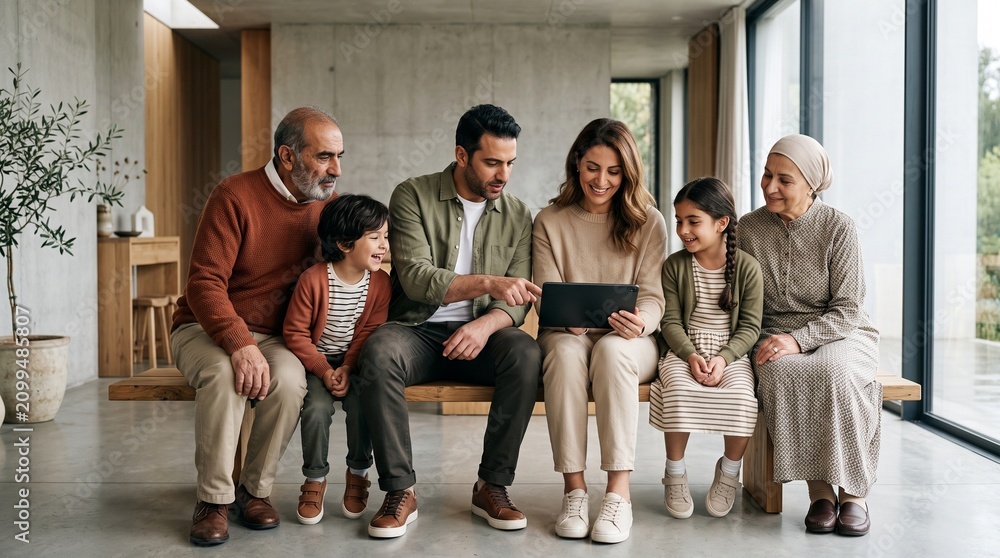 Fototapeta premium Multi-generational family sitting together using tablet at home