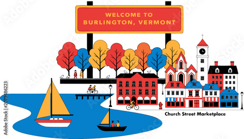 Obraz na płótnie Very beautiful  realistic vector illustration of Burlington, Vermont featuring a