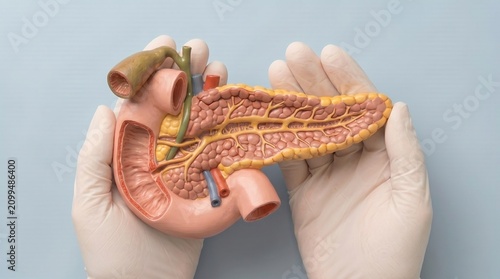 Hands in white gloves holding a human pancreas and gallbladder model, gastroenterology study, digestive research