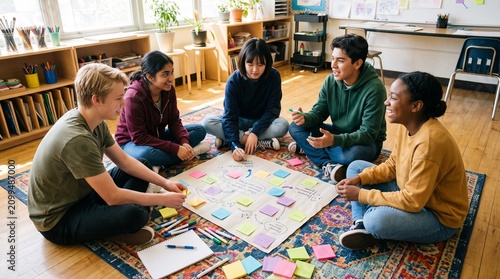Diverse teenagers collaborating on brainstorming project in classroom