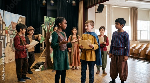 Diverse children rehearsing school play in medieval costumes on stage