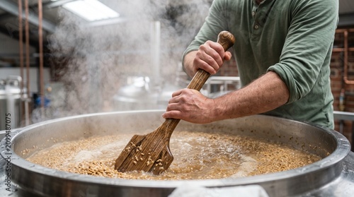 Brewer stirring boiling wort in large metal vat at brewery