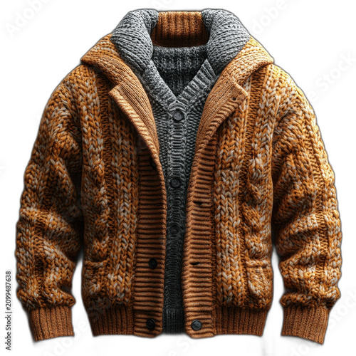 Knitted jacket with hoodie, isolated on transparent background.