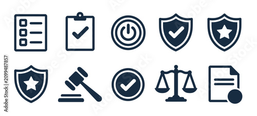 Law And Order Icon Set Featuring Shields, Checkmarks, Justice, Legal Protection, Compliance, Security, And Verification Symbols, Clean Minimal Vector Illustration Isolated On White Background.