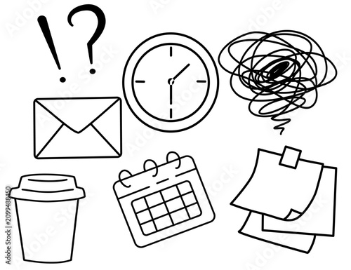 Hand Drawn Productivity and Office Line Icon Set with Calendar, Coffee, Clock, Notes and Mail. Hand drawn productivity and office line icon set including clock, coffee cup, calendar, envelope, sticky 