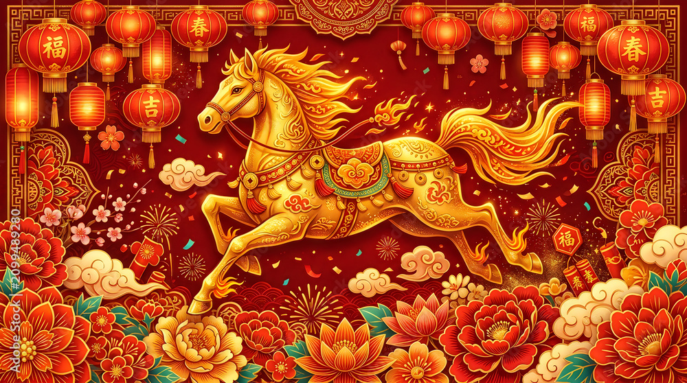 Fototapeta premium Golden running horse 2027 chinese new year festive floral background