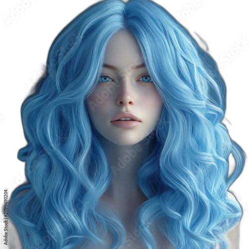 Woman with long blue hair wearing white shirt isolated on transparent background.