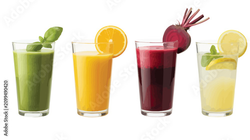 Healthy Colorful Smoothie Glasses Set, Four Fresh Fruit and Vegetable Drinks Isolated on Transparent Background, Vibrant Detox Beverage Collection, Premium Nutrition Drink Illustration.