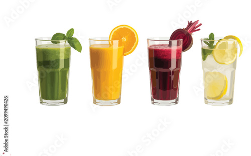 Four Glasses of Healthy Colorful Smoothies Isolated on Transparent Background, Fresh Fruit and Vegetable Blended Drinks, Vibrant Nutritious Beverage Collection, High Quality PNG Illustration.