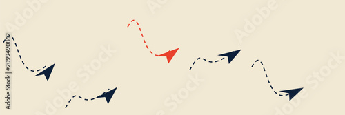 Fotografie Abstract paper planes with dashed trails wide banner in navy and red on cream, F
