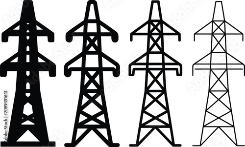 фотографія Power Transmission Tower Icon Set – Electrical Grid, Utility Pole & Energy Infra