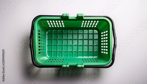 top down view of an empty green plastic shopping basket on a white background minimal and ready for use