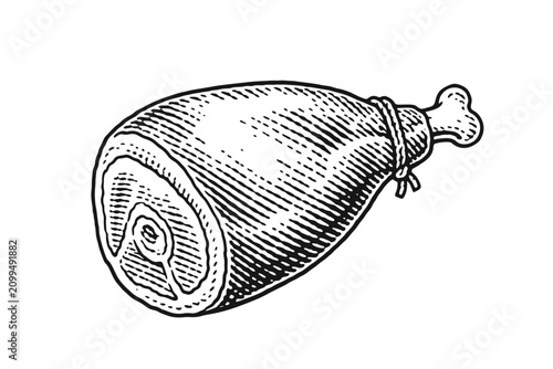 Dured ham hock with bone. Vintage woodcut engraving linocut style vector illustration.