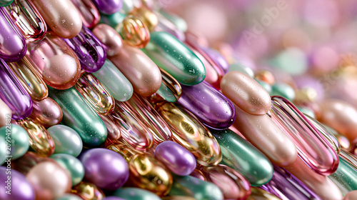 Abstract background of glossy iridescent capsules and pills in pastel metallic colors