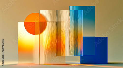 Abstract composition with translucent glass panels, orange circle, and blue geometric shapes, modern minimalist art