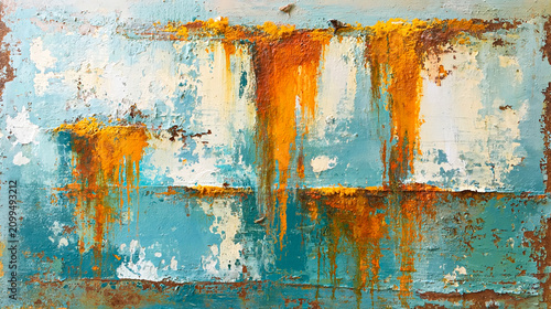 Abstract textured painting with rusted metal effect and peeling paint