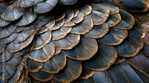 Closeup of iridescent bird feathers with intricate texture and metallic gold edges