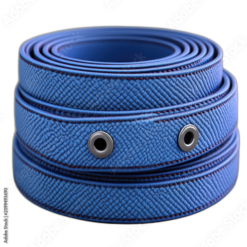Blue leather belt with metal eyes isolated on transparent background.