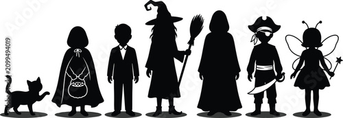 Foto Halloween kids in costumes black silhouette vector row featuring children dresse