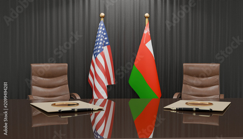 Cuadro en lienzo Diplomatic Table: Two flags, representing different nations, stand behind a polished conference table with leather chairs, suggesting a formal meeting or negotiation