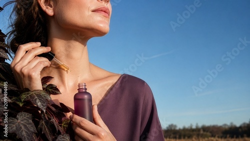 Woman applying facial serum in bottle with pipette dropper skincare summer autumn outdoors natural beauty hero banner copyspace