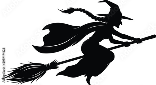 Принти на полотні Halloween witch flying on broomstick black silhouette vector illustration with l