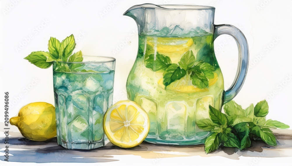 Fototapeta premium watercolor of lemonade pitcher and glass with mint and ice