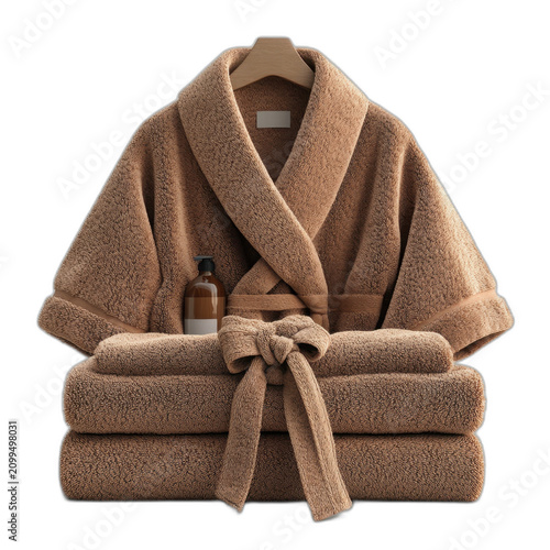 Bath robe with bottle of cologne isolated on transparent background.