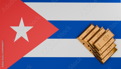 Fotografie Cuban Flag with Gold Bars: A close-up view of a Cuban flag with gold bullion bars stacked diagonally across its blue and white stripes, symbolizing wealth and national assets