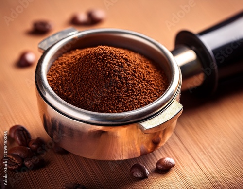 metal coffee tamper filled with ground coffee beans
