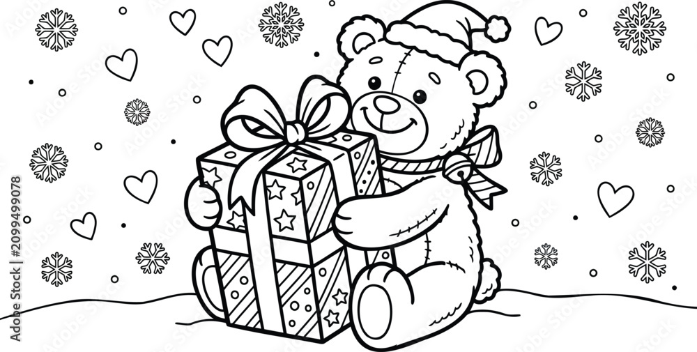 Fototapeta premium Brown teddy bear hugging a wrapped gift box with festive holly border wrapped present holly leaves red berries